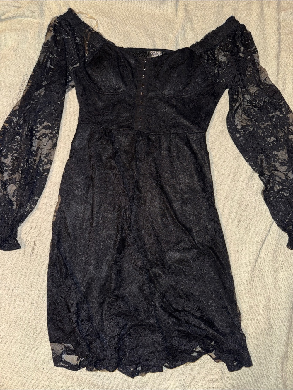 Corsair Black Lace Off-Shoulder Dress with Sheer Sleeves